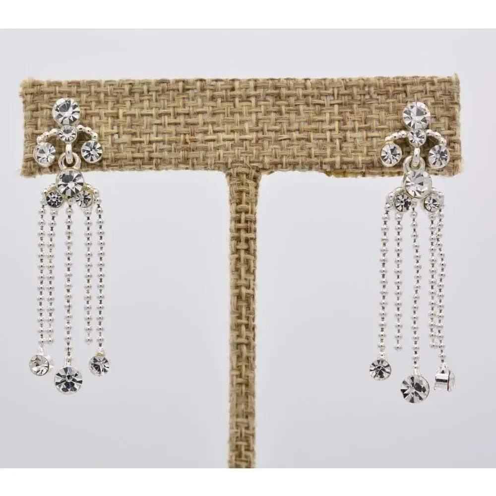 Y2K Vintage Crystal Dangle Earrings Chandelier Silver Tone Rhinestone Chain 9L
